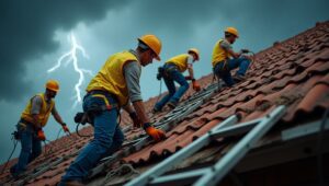 Four workers in hard hats are actively repairing a emergency roof, demonstrating teamwork and safety on a construction site.