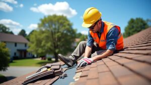 A man in an orange vest and hard hat works on a roof, focused on his task amidst construction materials.