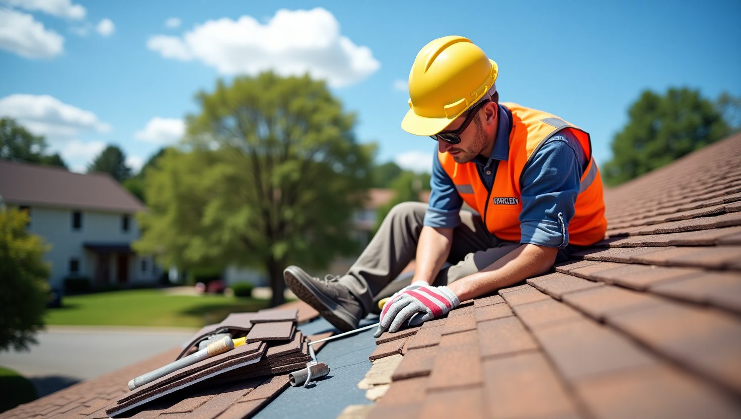A man in an orange vest and hard hat works on a roof, focused on his task amidst construction materials.