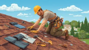 Roofer installing new roof tiles, providing expert roofing services.