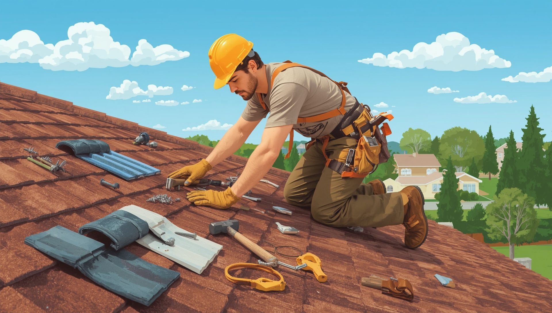 Roofer installing new roof tiles, providing expert roofing services.