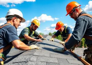 Four local roofers install asphalt shingles on a residential roof.