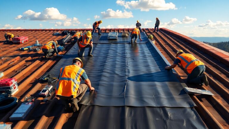 Crew installing low-slope roofing membrane on a tiled roof.