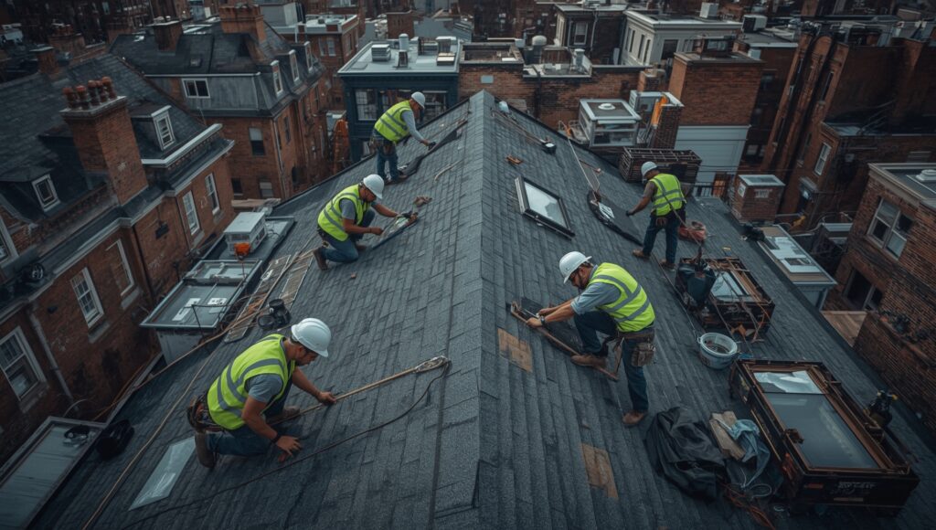 Construction workers on a city rooftop, wearing safety gear and collaborating on a building project against a skyline backdrop.