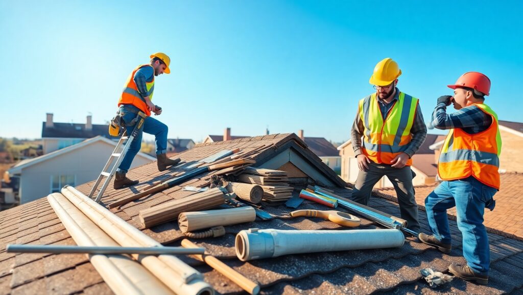 Three roofers repairing a damaged roof. Find reliable roof fixers near you.