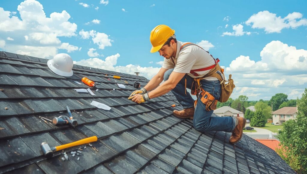 Roofer in NYC installing asphalt shingles on a residential roof.