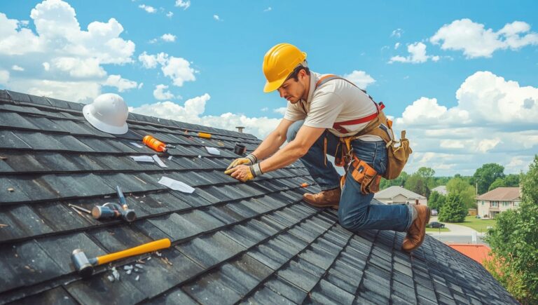 Roofer in NYC installing asphalt shingles on a residential roof.