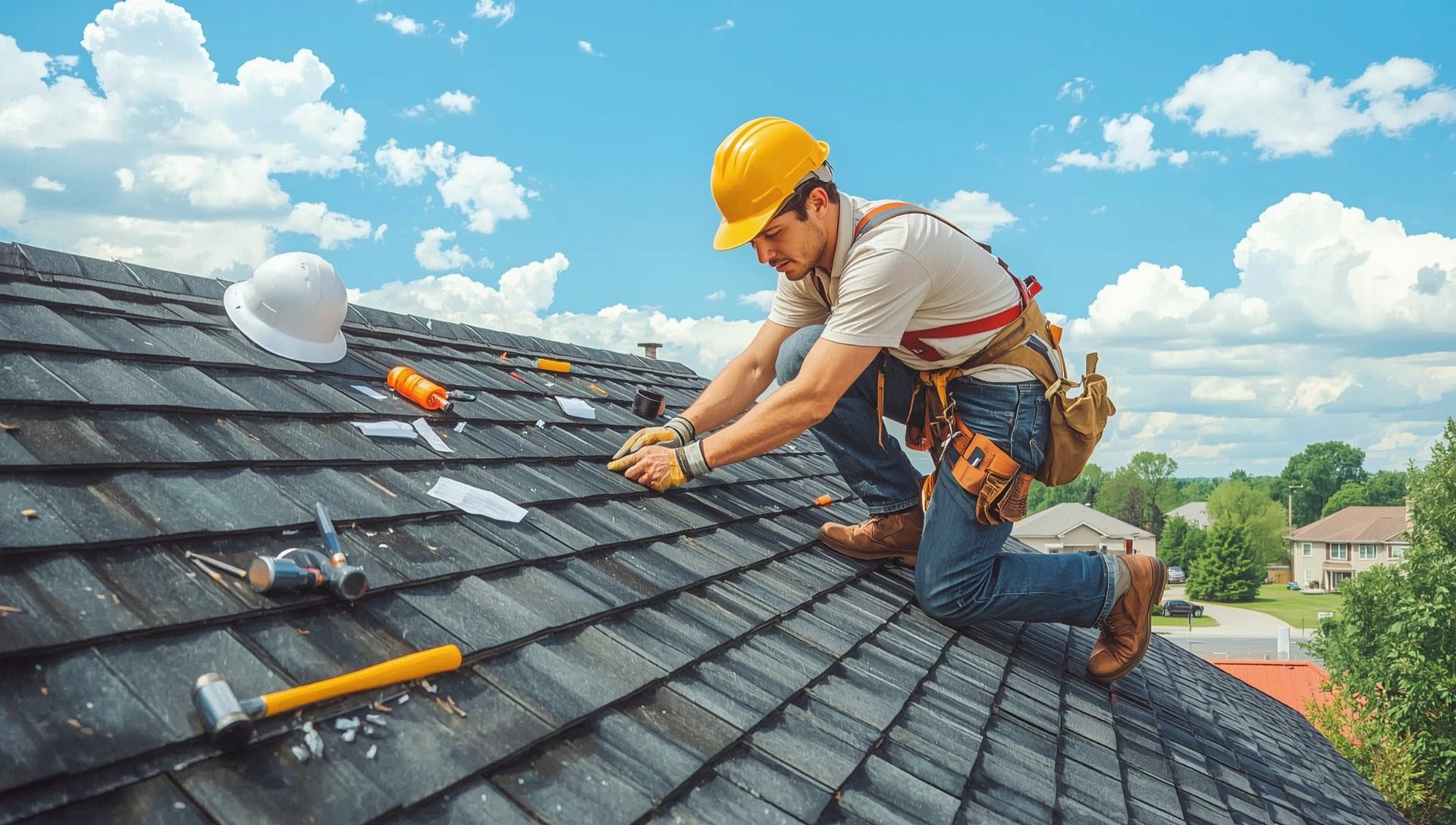 Roofer in NYC installing asphalt shingles on a residential roof.
