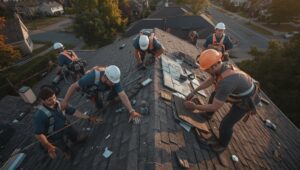 Roofers installing new shingles, providing trusted roofing services near you.