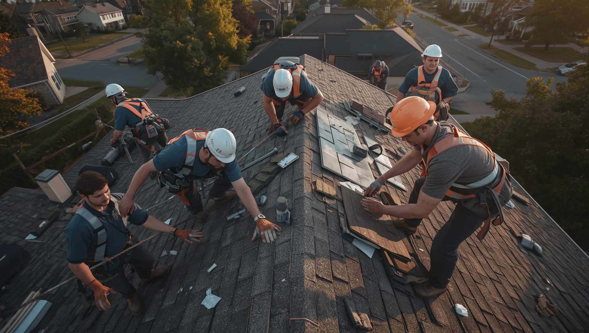 Roofers installing new shingles, providing trusted roofing services near you.