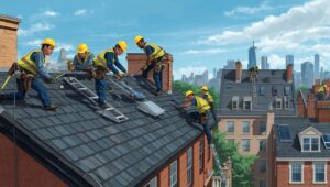 Roofers installing solar panels on NYC rooftops.