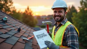 Happy roofer holding hammer and "Service Roofing" manual on a new roof at sunset.