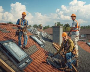 Roofers replacing roof, assessing roof replacement costs. Workers wearing safety gear on a sunny day.