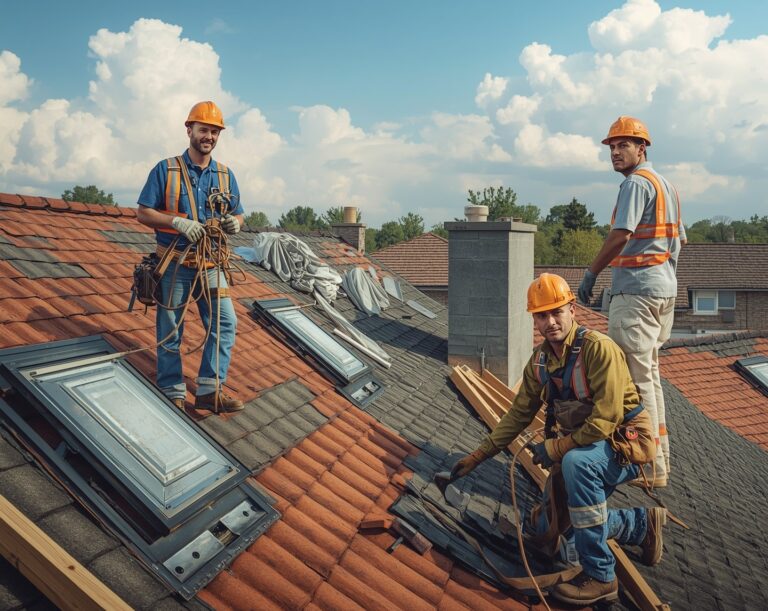 Roofers replacing roof, assessing roof replacement costs. Workers wearing safety gear on a sunny day.